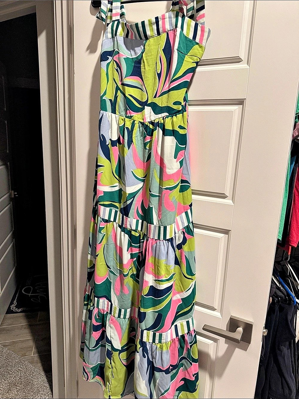 Athyn Smocked Maxi Dress Green & Pink Like New